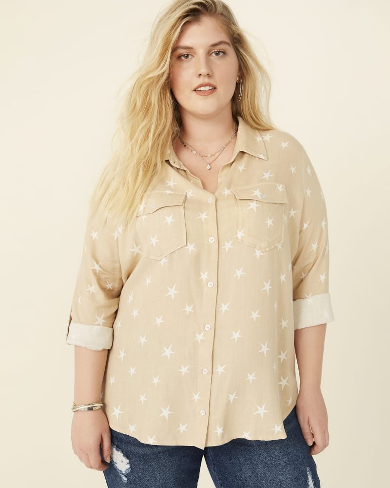 Front of plus size Myla Button-Down Chambray Shirt by Molly&Isadora | Dia&Co | dia_product_style_image_id:177815